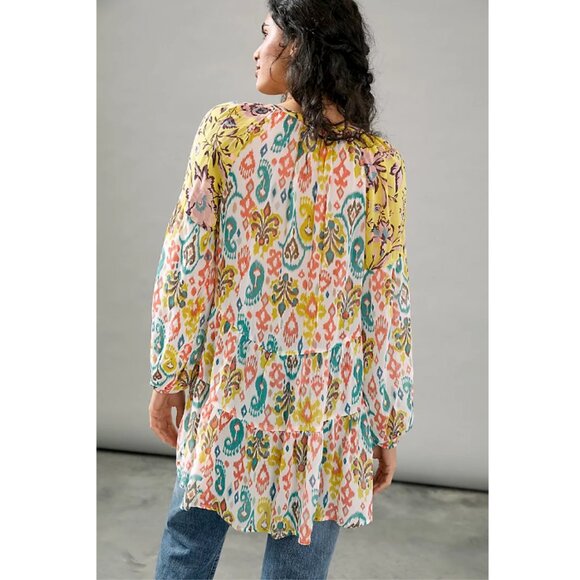 ANTHROPOLOGIE Maureen Babydoll Tiered Tunic Blouse Boho Colorful Size M - Picture 2 of 10